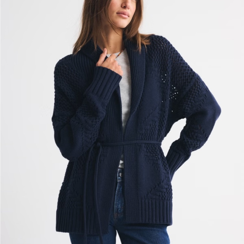 Navy Shawl Collar Belted Knit Cardigan Sweater - Women